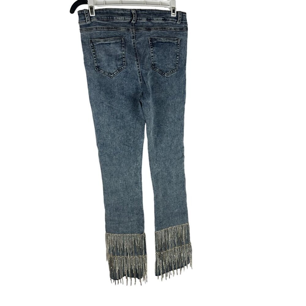 Blue B Collection Medium Denim Jeans With Rhinestone Fringe Hem Medium Wash - Picture 3 of 7